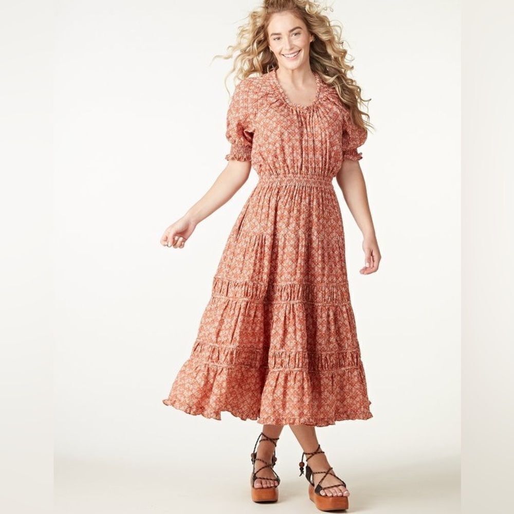 THE ODELLS Margherita Midi Dress - BRICK MULTI NWOT
